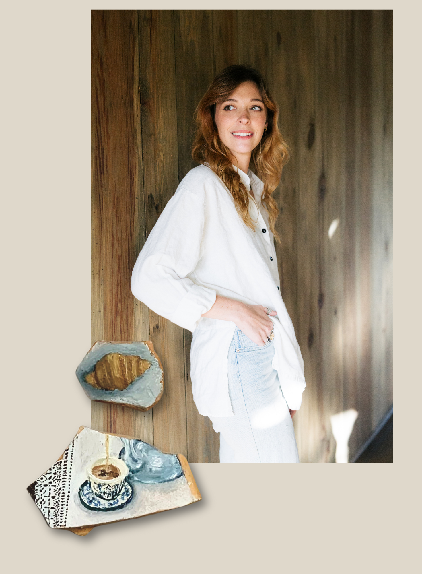 Woman in a white shirt standing against a wooden wall with a magazine featuring a coffee cup and saucer.